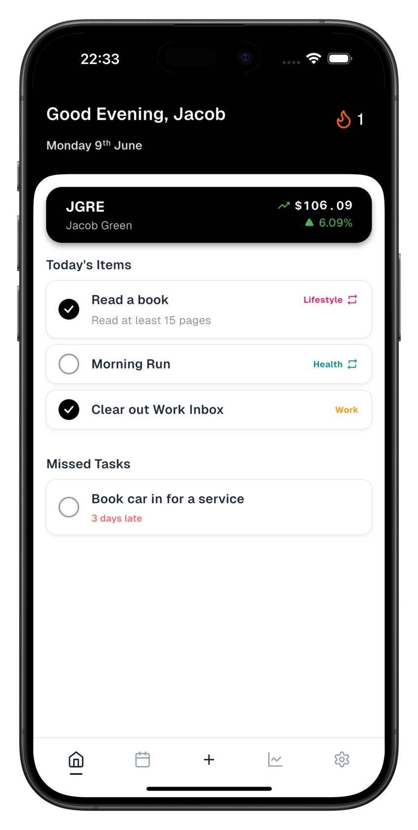 HabitStock app dashboard showing personal habit stocks with rising charts, including Exercise Stock up 15%, Reading Stock up 8%, and Meditation Stock trending upward.