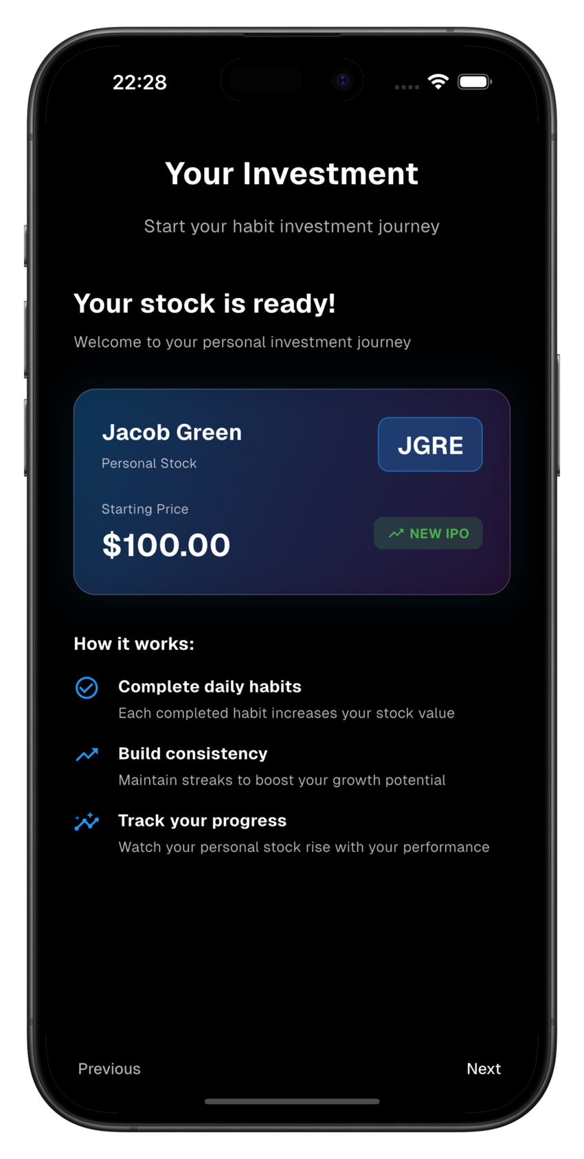 Screenshots showing the creation of a new habit stock with stock ticker symbols and performance charts.